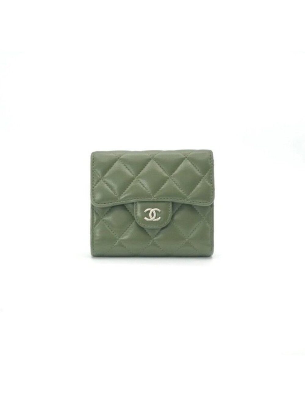 Chanel Wallet Trifold Mini Khaki Green Silver CC Logo Classic Small Coin Case